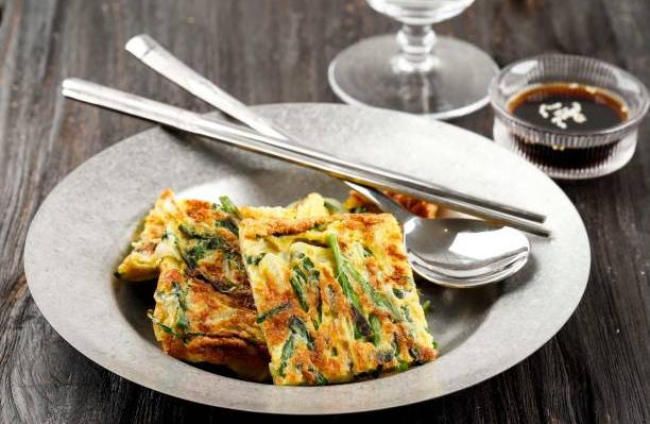 Homemade Korean Pajeon Scallion Pancakes with Soy Sauce and Sesame Seed  on a rustic Grey Plate on a Wooden Table. Asian food. Close-up