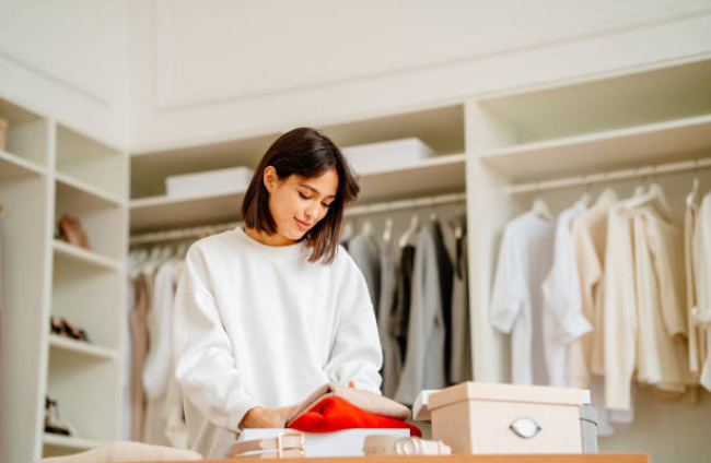 Brunette woman packing and stacking clothes items into the boxes in a big showroom or wardrobe room with a lot of clothing and shoes rack
