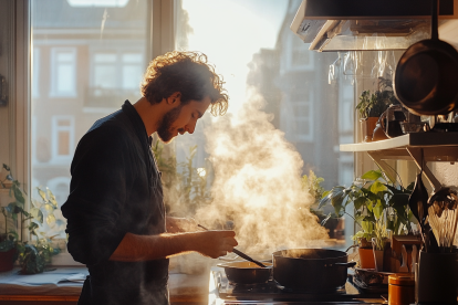 Un hombre cocinando la comida en casa