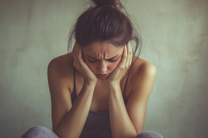 Una mujer se lleva las manos a la cara por el dolor