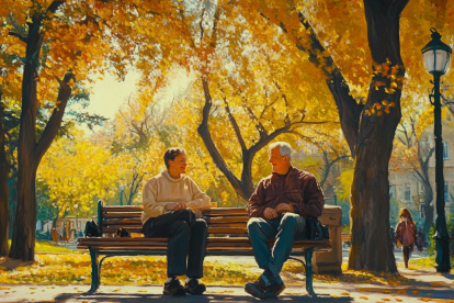 Dos personas charlan en un banco al aire libre en otoño