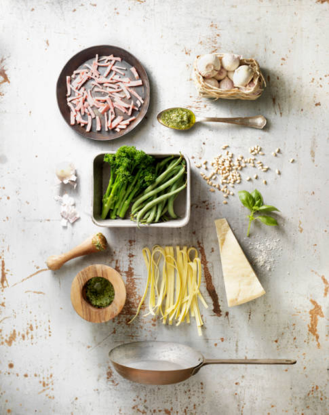 Ingredients for making tagliatelle with broccoli and ha